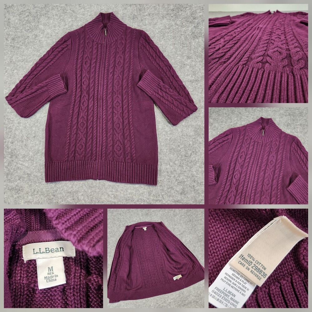 LL Bean Womens M Medium Full Zip Cableknit Chunky Cotton Cardigan Sweater 298836